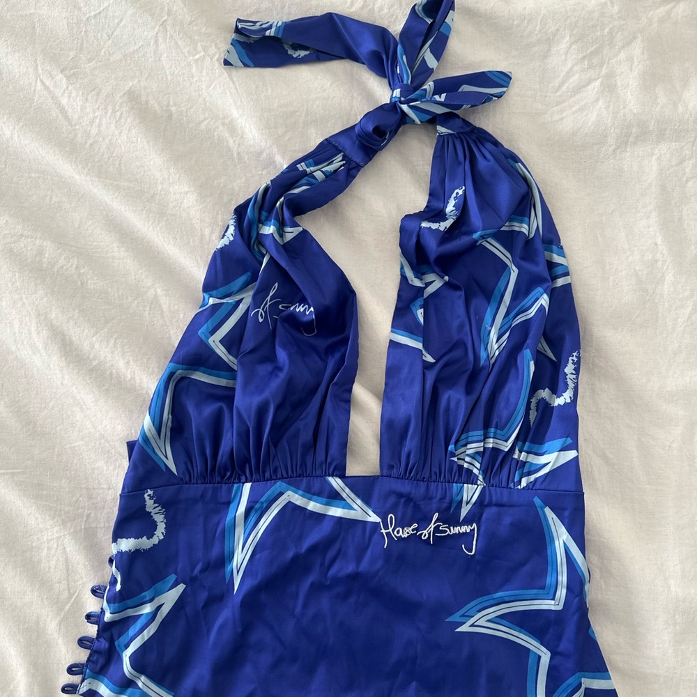 House of Sunny “Hall of Fame Satin Halter Top in Blue”